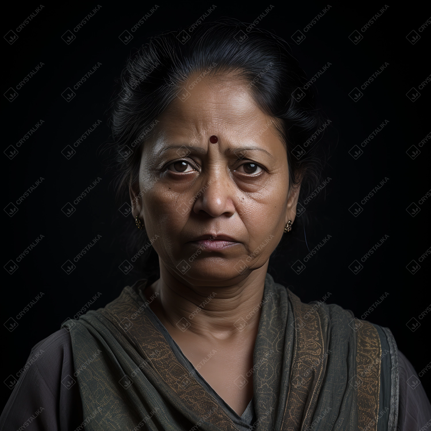 a middle aged indian woman wearing green suit and scarf, small earrings and a red forehead dot.