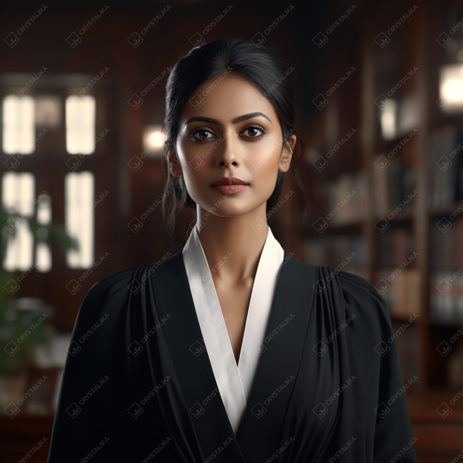 young indian female lawyer standing in an empty court room.