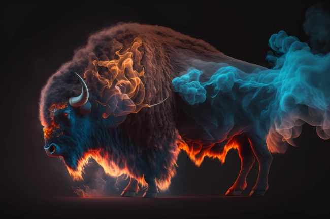 A portrait of a bison with fire and smoke