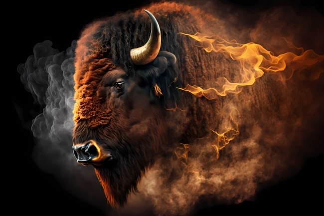 A portrait of a bison with fire and smoke