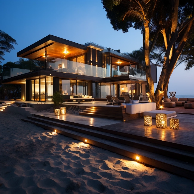 Luxury residence on a summer night beach