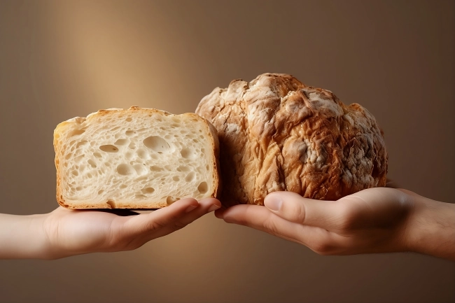 Female and male hands holding fresh bread on brown background, closeup