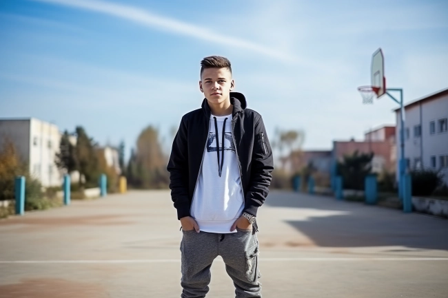 Young teen looking at camera while standing in basketball ground.