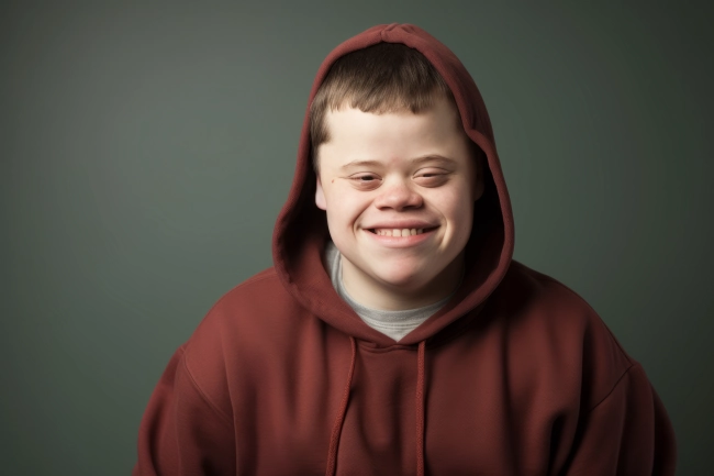 Young smiling cheerful young man with down syndrome wear sweatshirt look at camera isolated on green color background. Genetic disease world day concept.