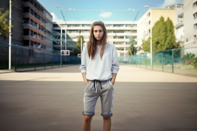 Young female with long hair wearing sport suit looking at camera while standing in sports ground.