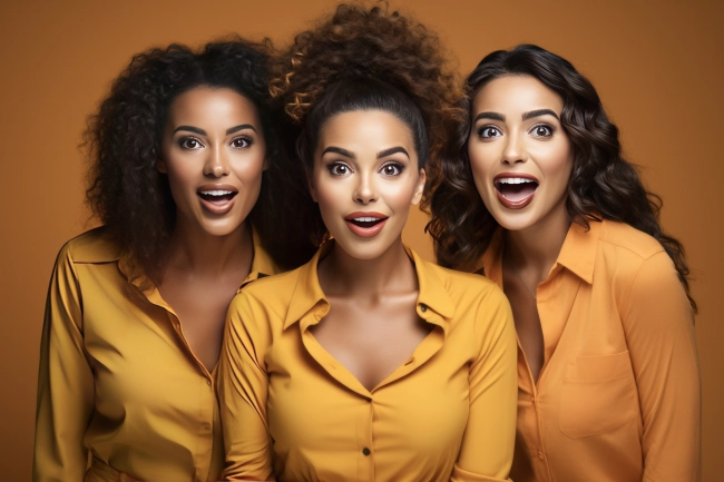 Funny portrait of three shocked women looking at camera keeping mouth open. Sudden incredible news reaction wow.