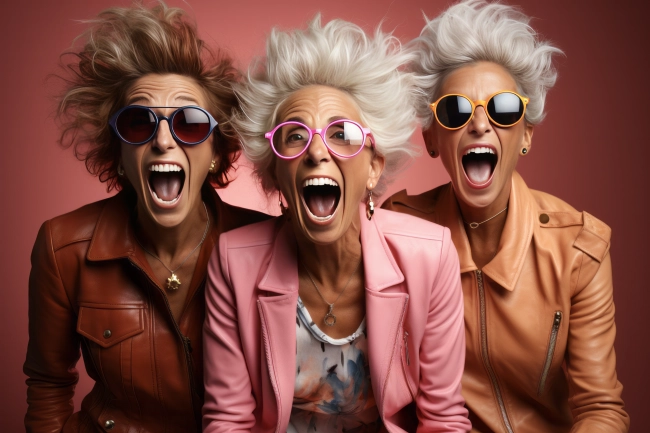 Funny portrait of three old shocked women looking at camera keeping mouth open. Sudden incredible news reaction wow.