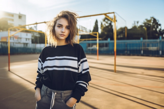 Young female with trendy hairstyle looking at camera while standing in sports ground.