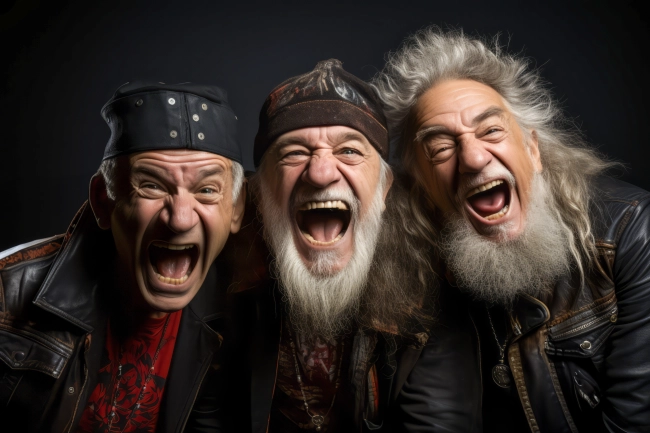 Funny portrait of three old shocked metalheads looking at camera keeping mouth open