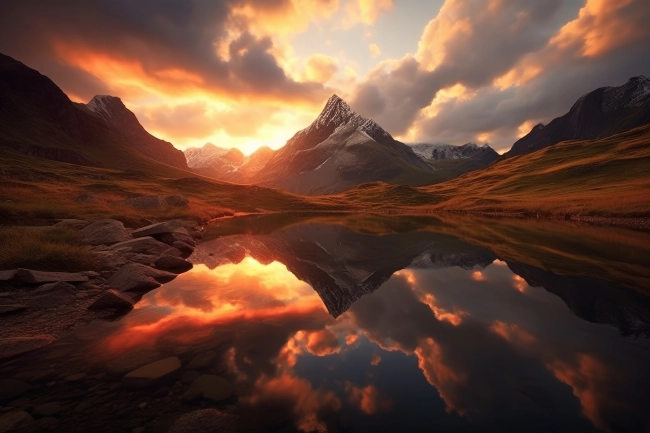 Professional photography of snowy mountains reflecting in a glacial lake