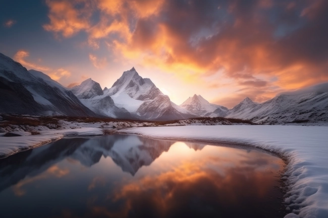 Professional photography of snowy mountains reflecting in a glacial lake