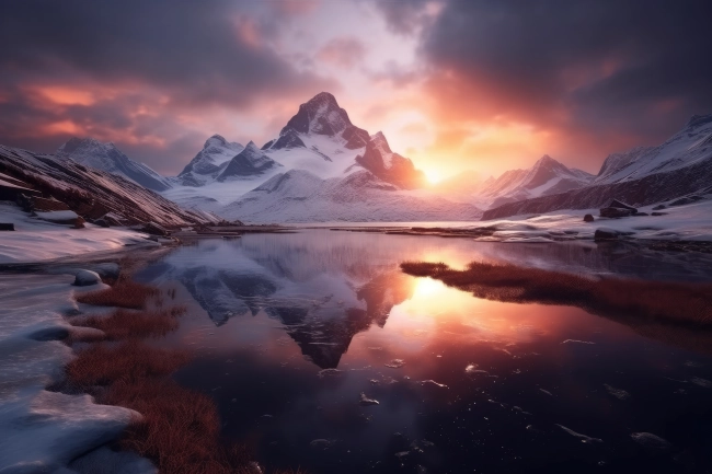 Professional photography of snowy mountains reflecting in a glacial lake