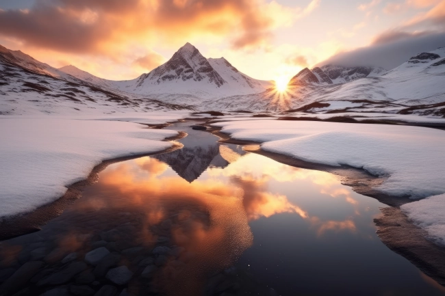 Professional photography of snowy mountains reflecting in a glacial lake