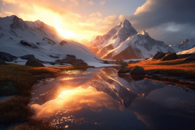 Professional photography of snowy mountains reflecting in a glacial lake