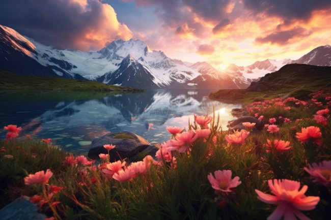 Professional photography of snowy mountains reflecting in a glacial lake