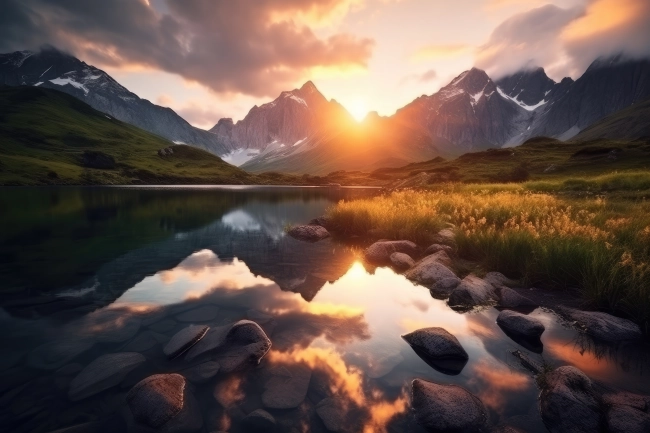 Professional photography of snowy mountains reflecting in a glacial lake