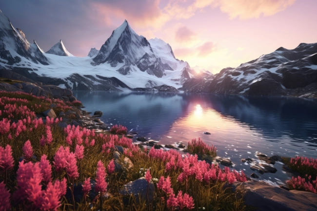 Professional photography of snowy mountains reflecting in a glacial lake