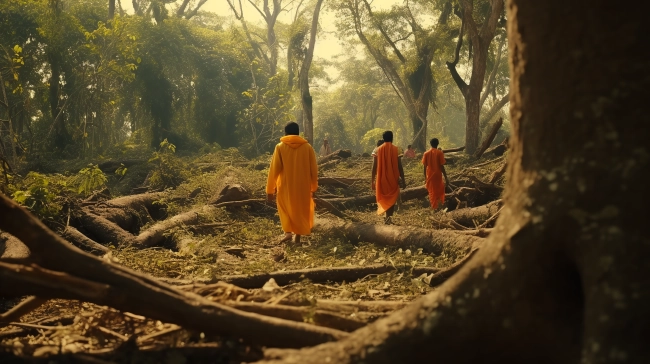 Three people wearing saffron clothes are running on the ground amidst fallen trees in the jungle due to forestation.