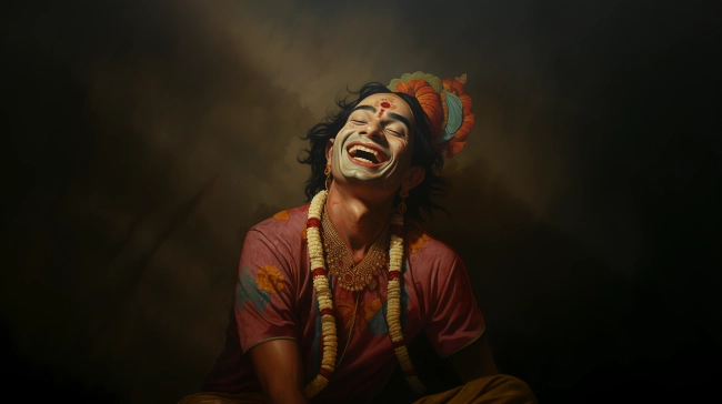 a laughing indian man portraight wearing pink tunic, whote and red flower garland and long earings.