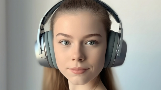 Beautiful young woman with headphones listening to music. Portrait of a girl in headphones.