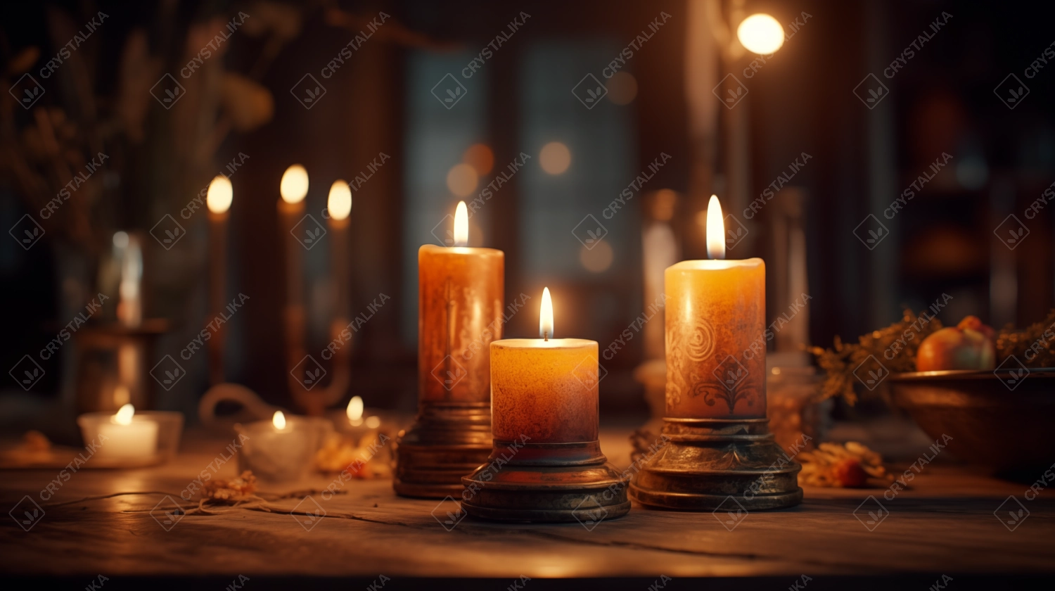 Three lit candles on antique stands