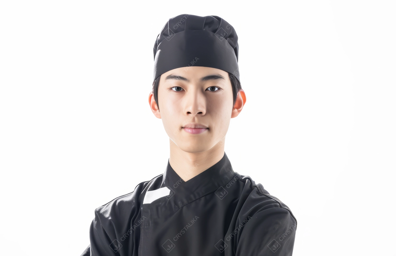 Portrait of young Asian sushi chef wearing black uniform isolated on white background.