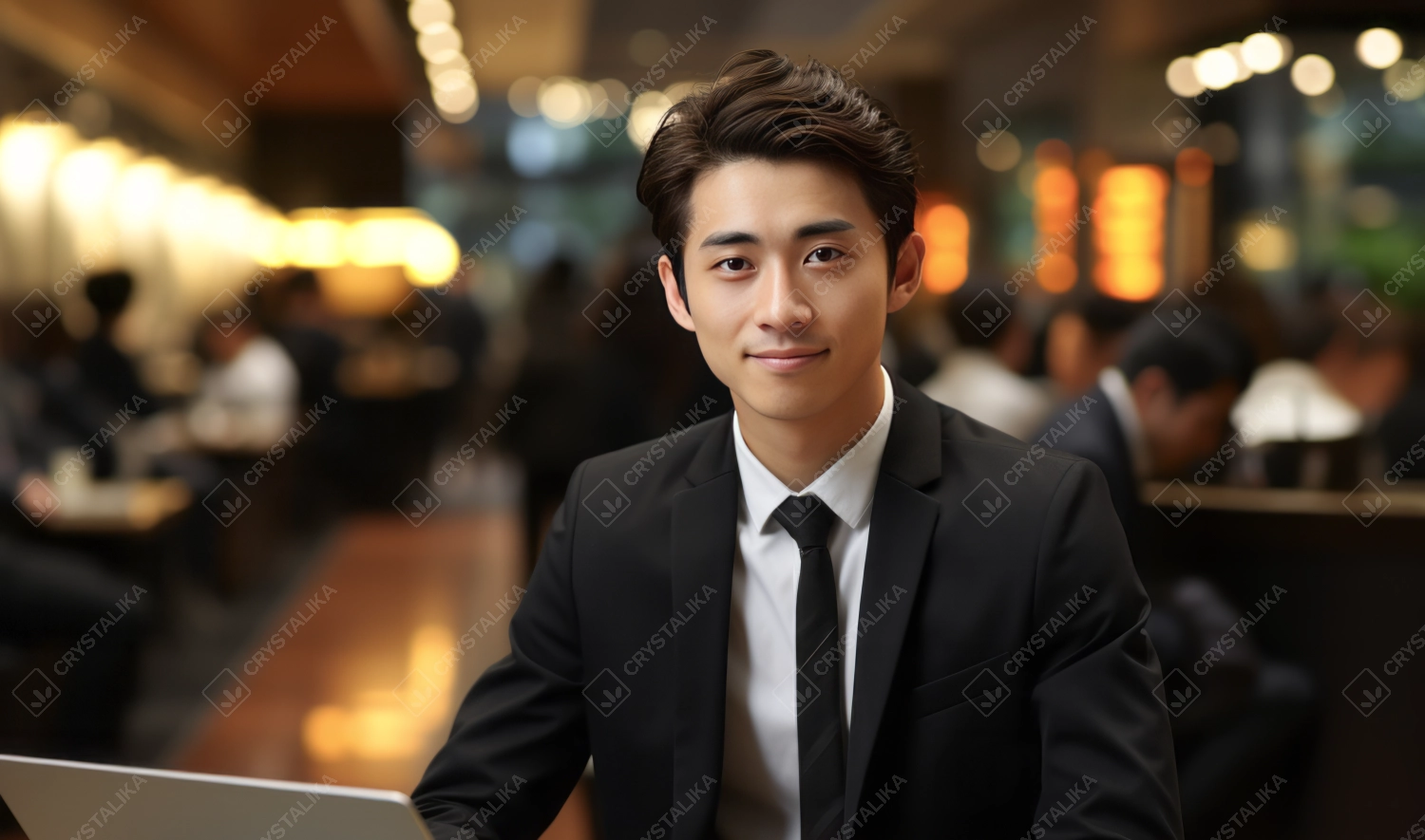 Asian young businessman working on laptop at the bar or restaurant. Business man wearing suit and tie looking at camera working on laptop at cafe. Remote working concept.