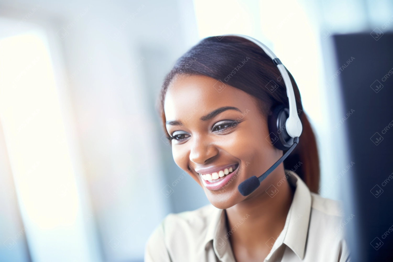 Business black woman wearing headsets are smiling while working with computer at office. Customer service assistant working in office. Handsome African American female helpline worker using computer in call centre office. VOIP Helpdesk headset.