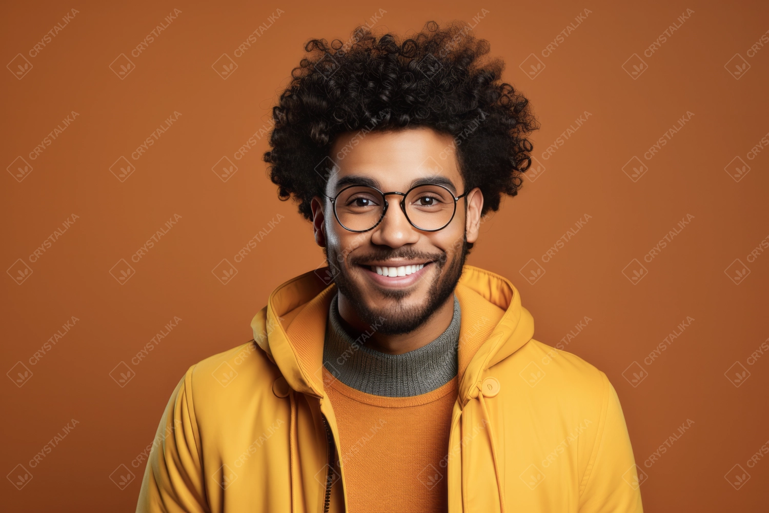 Young happy hipster African American teen guy wearing glasses isolated on solid background. Smiling cool curly ethnic generation z teenager student model standing looking at camera posing for portrait.