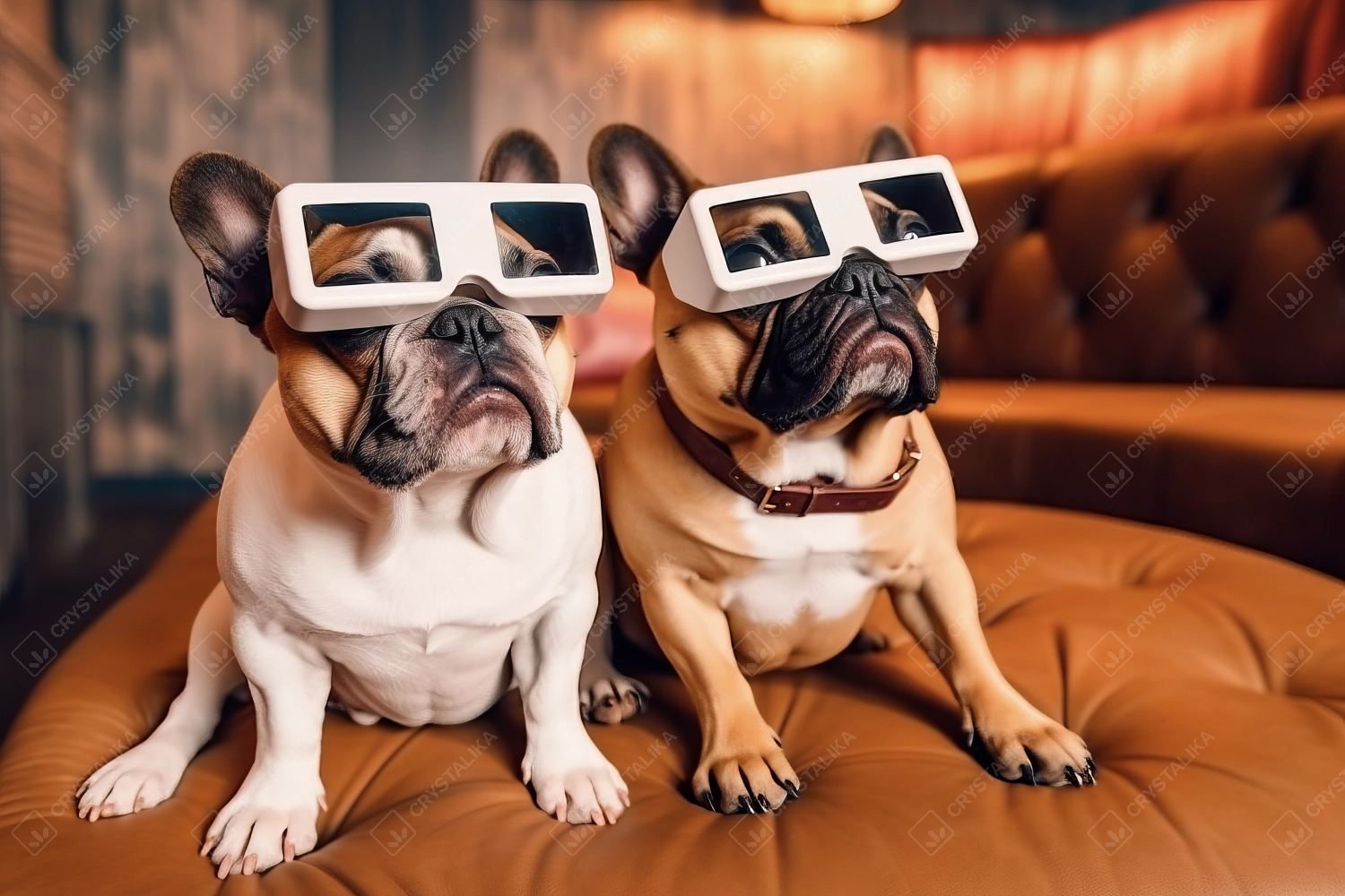 Portrait of two dogs wearing 3D glasses sitting on the sofa and watching a movie.