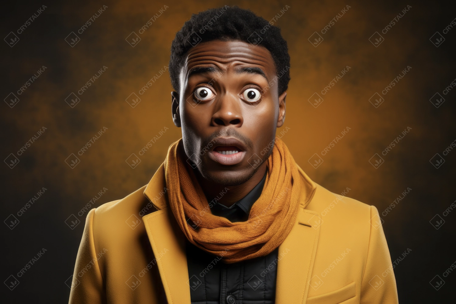 Black man looking at camera in shock against dark solid background. Sudden incredible news reaction wow.