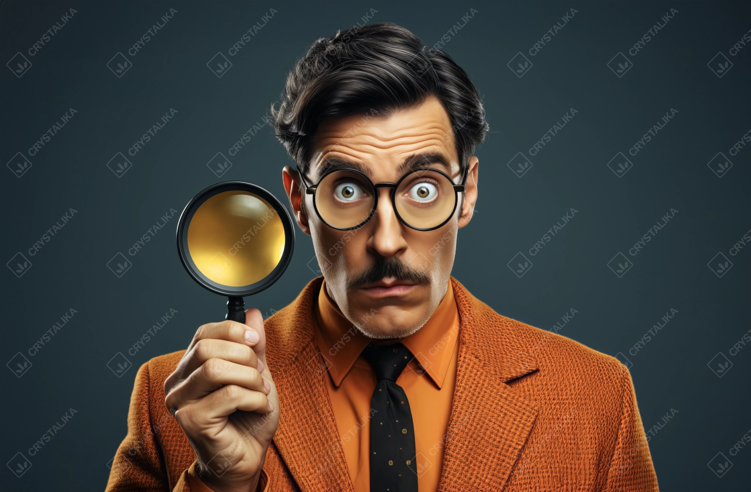 Funny man looking at camera with surprised expression while holding a magnifying glass. Man searching or investigating something standing over solid background.