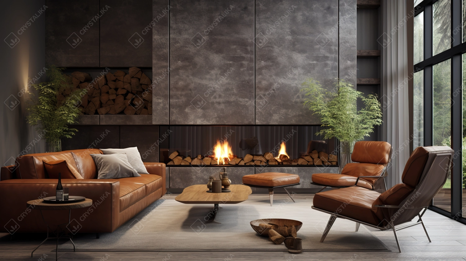 Sophisticated Comfort: Brown Leather Chairs and Grey Sofa in a Refined Living Space