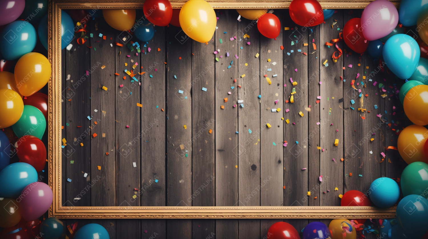 Colorful Carnival Vibes: Wooden Frame Amidst Party Balloons for Festive Joy