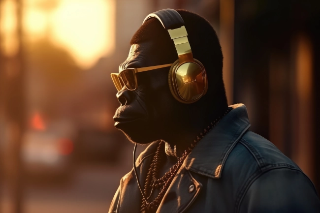 Gangsta gorilla with headphones listening to music