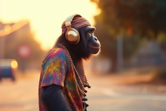 Gangsta chimpanzee with headphones listening to music