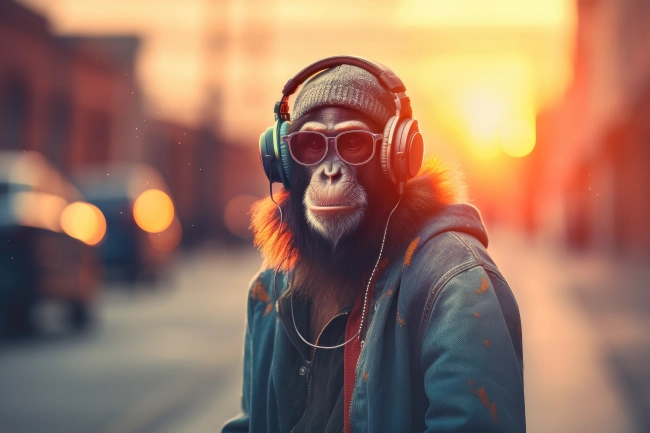 Gangsta chimpanzee with headphones listening to music