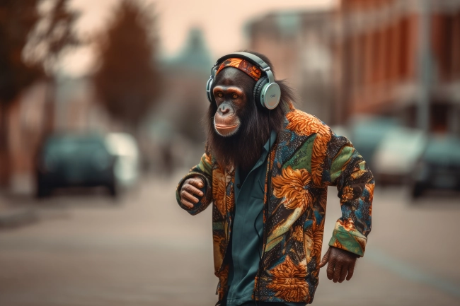 Jamaican chimpanzee with headphones