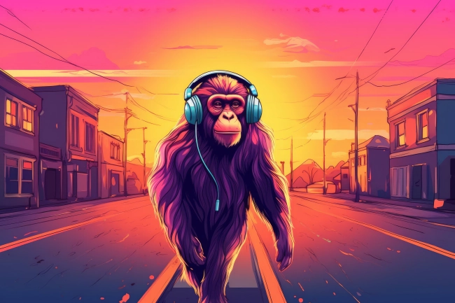 Animated chimpanzee with headphones listening to music