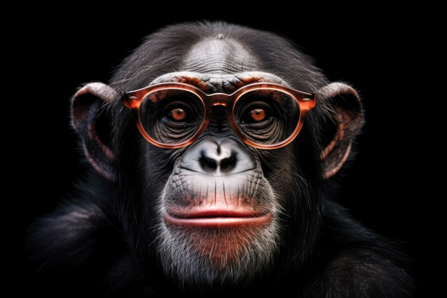 Chimpanzee portrait with red glasses