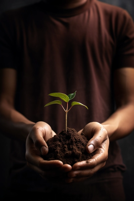 Young man holding a green seedling in his hands. Ecology concept.