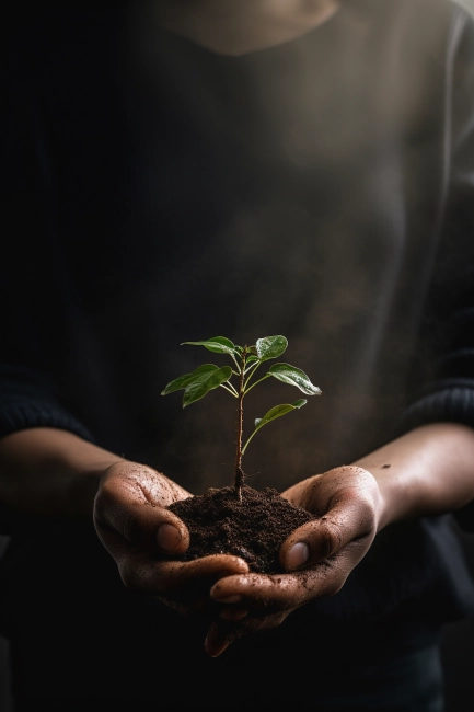 Hands holding green seedling in soil on black background with dust around
