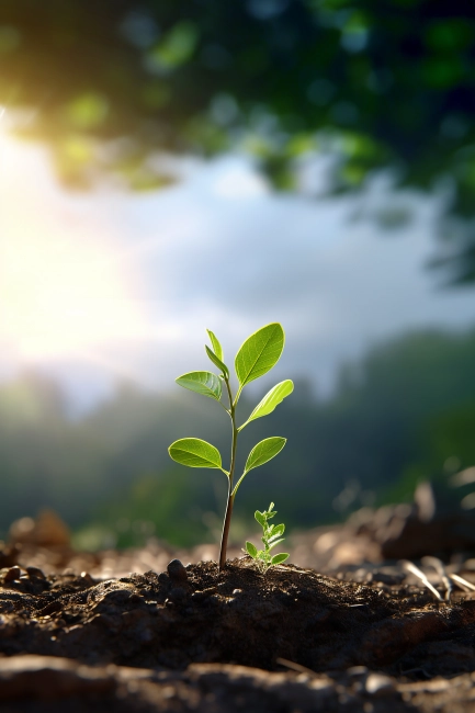 Young green plant growing out of soil on blurred nature background with sunlight