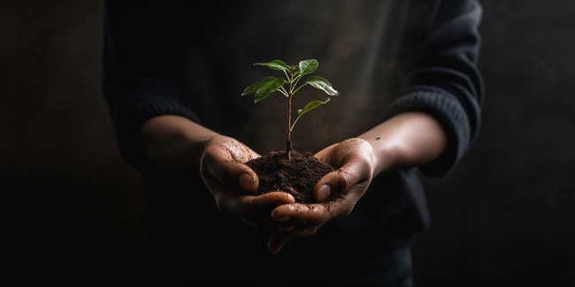 Close up of hands holding green seedling with soil on dark background. Ecology concept