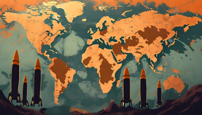 World map. Planetary catastrophe concept. Atomic war with threatening missiles.