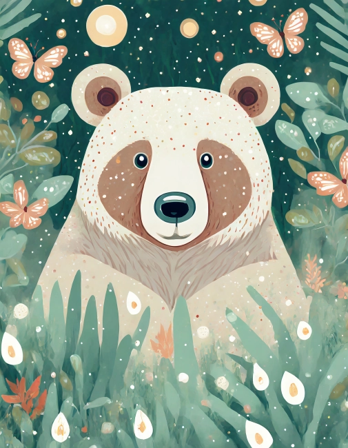 Bear, with a tender look, in the forest, surrounded by fireflies. Cute, graceful, naive, childish drawing.