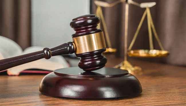 Close-up of gavel on judge desk, symbolizing trial court, justice and legal decisions.