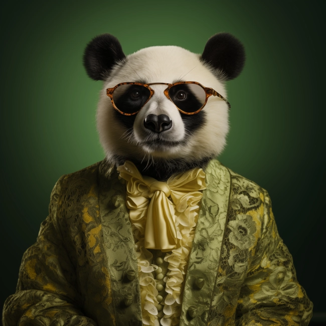 A portrait of a panda wearing a green lace jacket