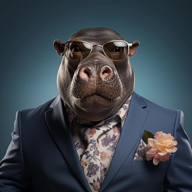 A portrait of a hippo wearing a suit, with flowers