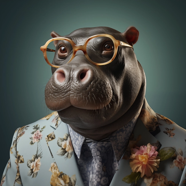 A portrait of a hippo wearing a suit, with flowers